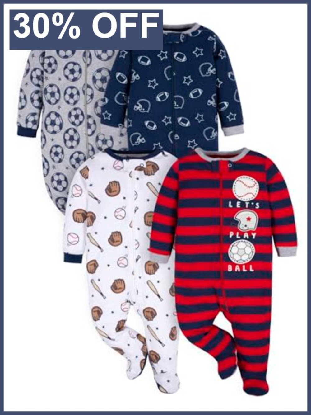 4 Pack Sleep N Play Footie Pajamas Cotton Zip Front Baby Boys